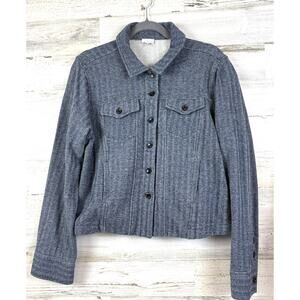 ECRU Womens XL Blue Gray Terry Knit Chevron Button Up Soft Cropped Jacket Coat